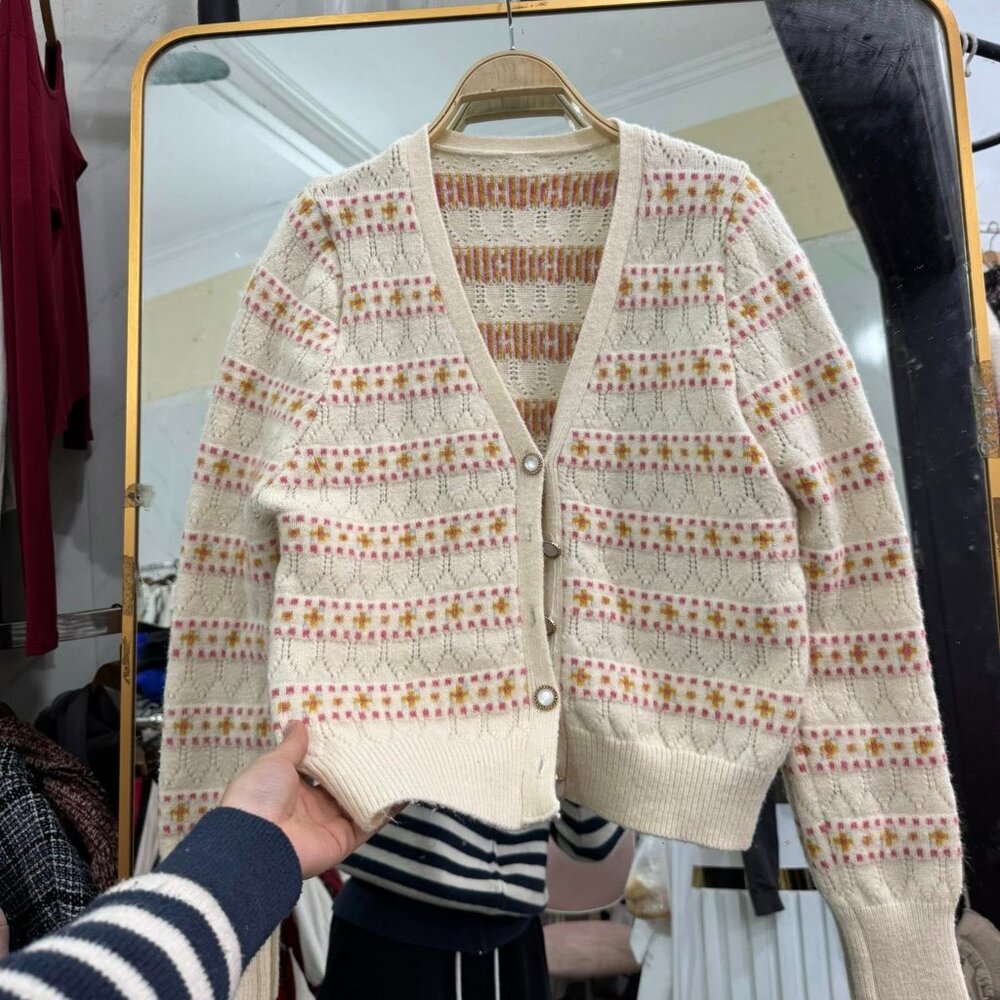 Cream Floral Striped Pointelle Knit Cardigan Sweater